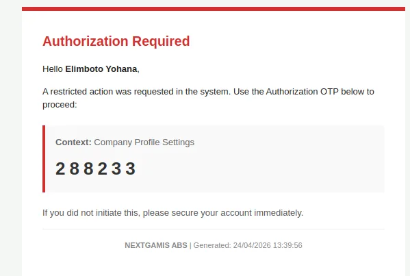 OTP for Company Profile Settings