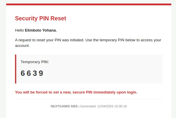 Security PIN Reset email