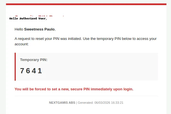 Security PIN Reset email